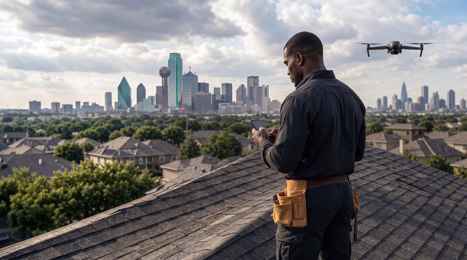 Built By Ward founder inspecting a Dallas-Fort Worth roof with a drone and tablet, city skyline in the background