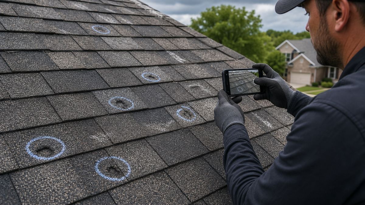 Marked hail damage on shingles being photographed for documentation